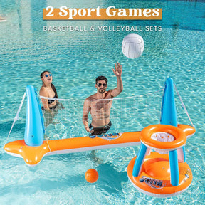 Juego de flotadores inflables para piscina, red de voleibol y aros de baloncesto | Color Naranjo