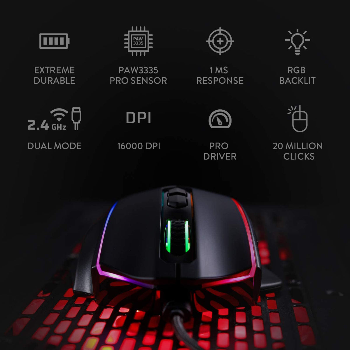 Mouse inalámbrico para juegos | 16000 DPI con sensor profesional | RGB