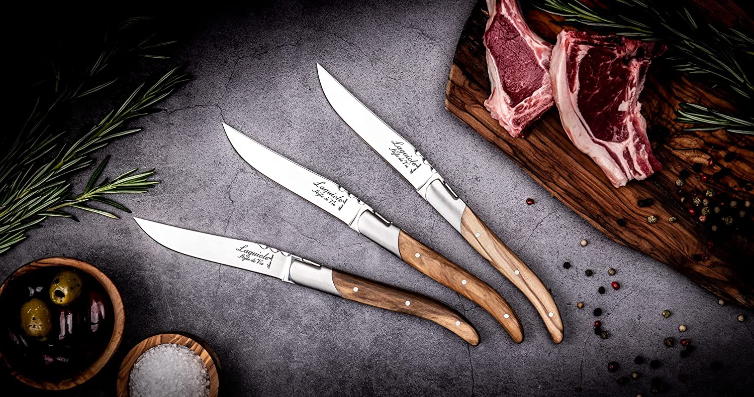 Juego de cuchillos para carne de Damasco con mangos de madera únicos,  cuchillos para carne de